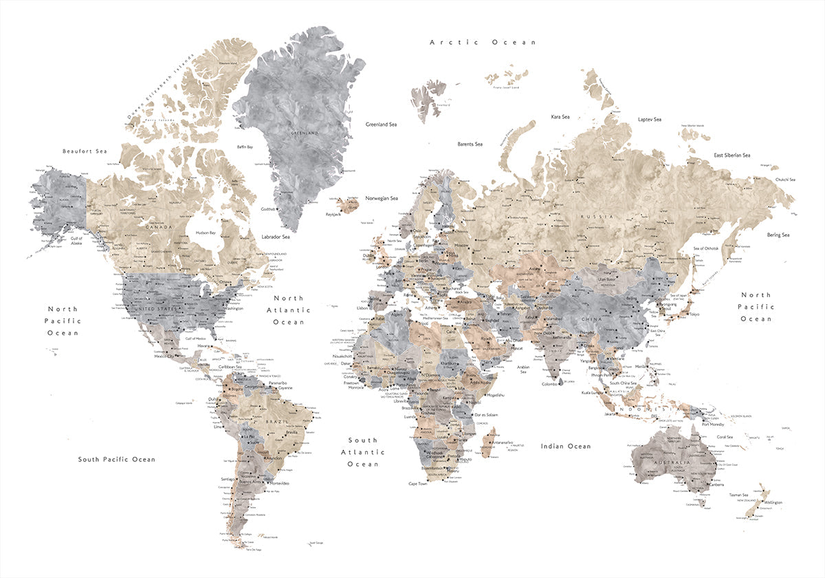 Watercolor world map with cities, Gouri Plakat - Posterbox