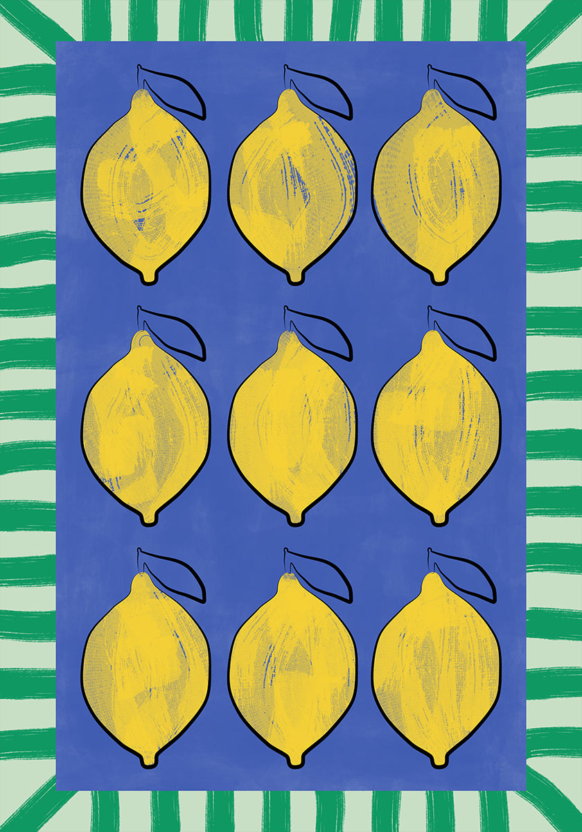 Vibrant Yellow Lemons on a Deep Blue Plakat - Posterbox