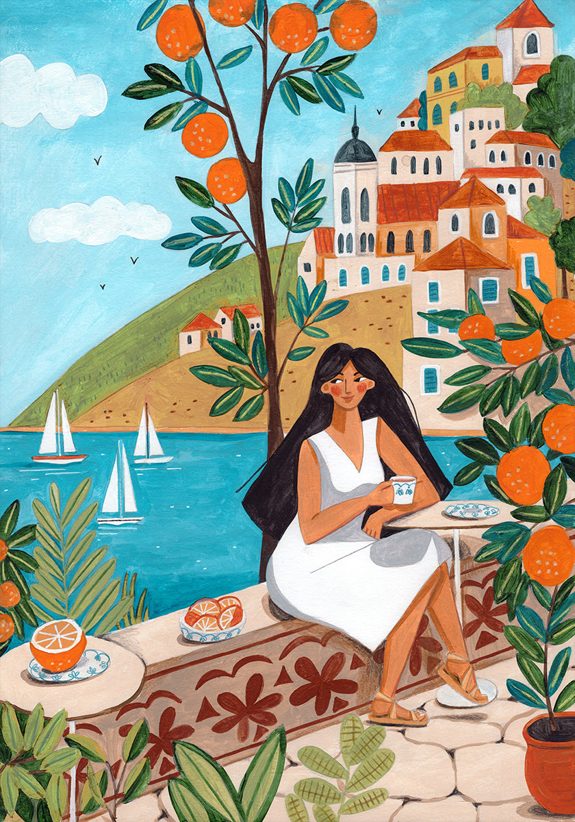 Travel poster woman in Mediterranean coast - Posterbox