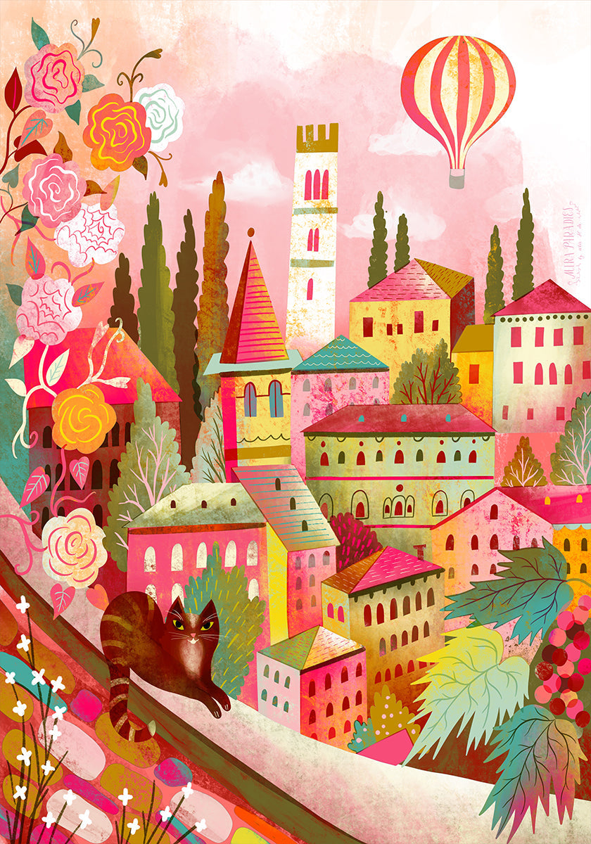 Italian Village With Cat On Wall Plakat - Posterbox