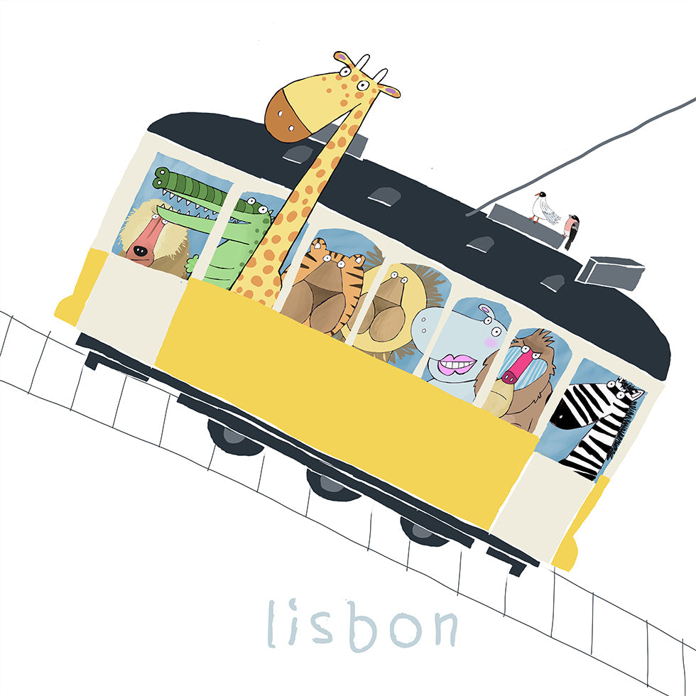 Famous Lisbon Yellow Tram with Jungle Animals by Carla Daly Plakat - Posterbox