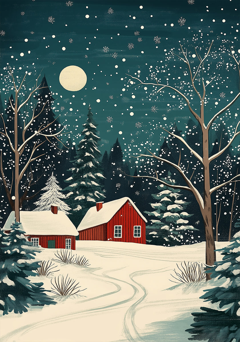 Red Houses and Snowy night sky Plakat - Posterbox
