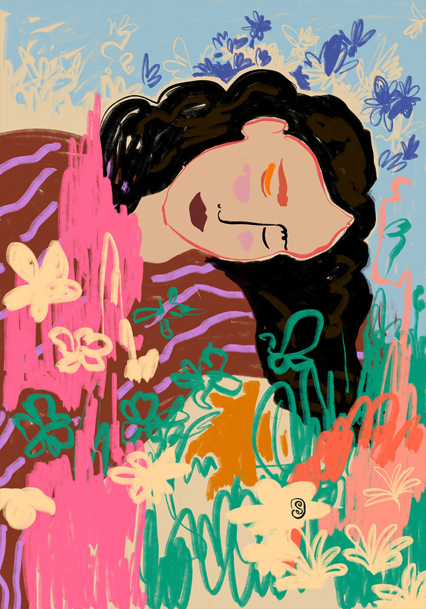 Expressive Figure Surrounded By Colorful Flowers Plakat - Posterbox