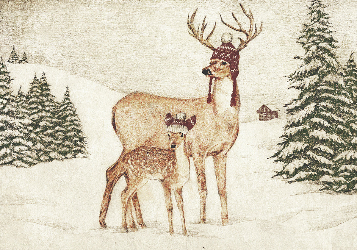 Deer Wearing Cozy Hats Plakat - Posterbox