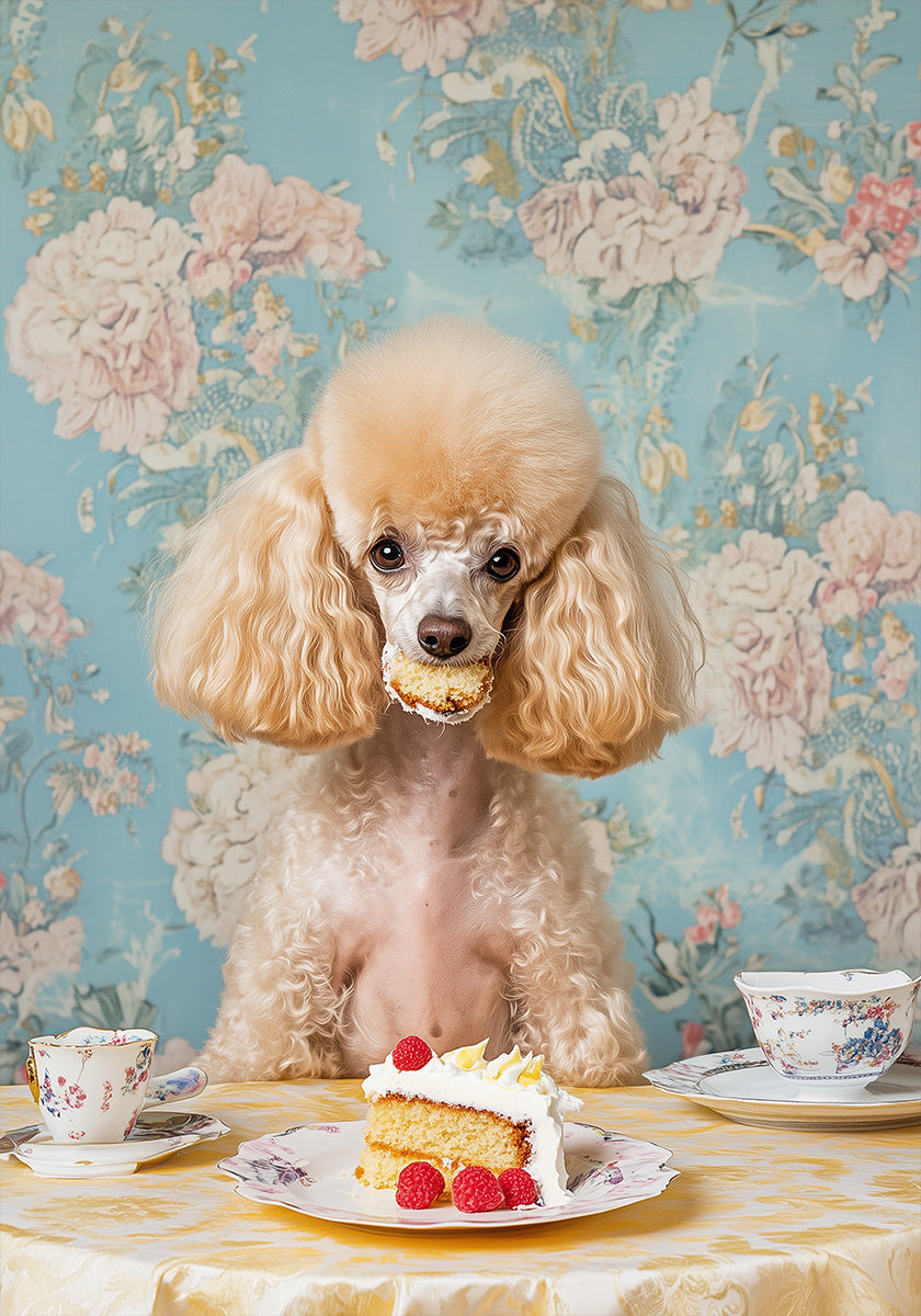 Poodle Sits At A Vintage Tea Table Plakat - Posterbox