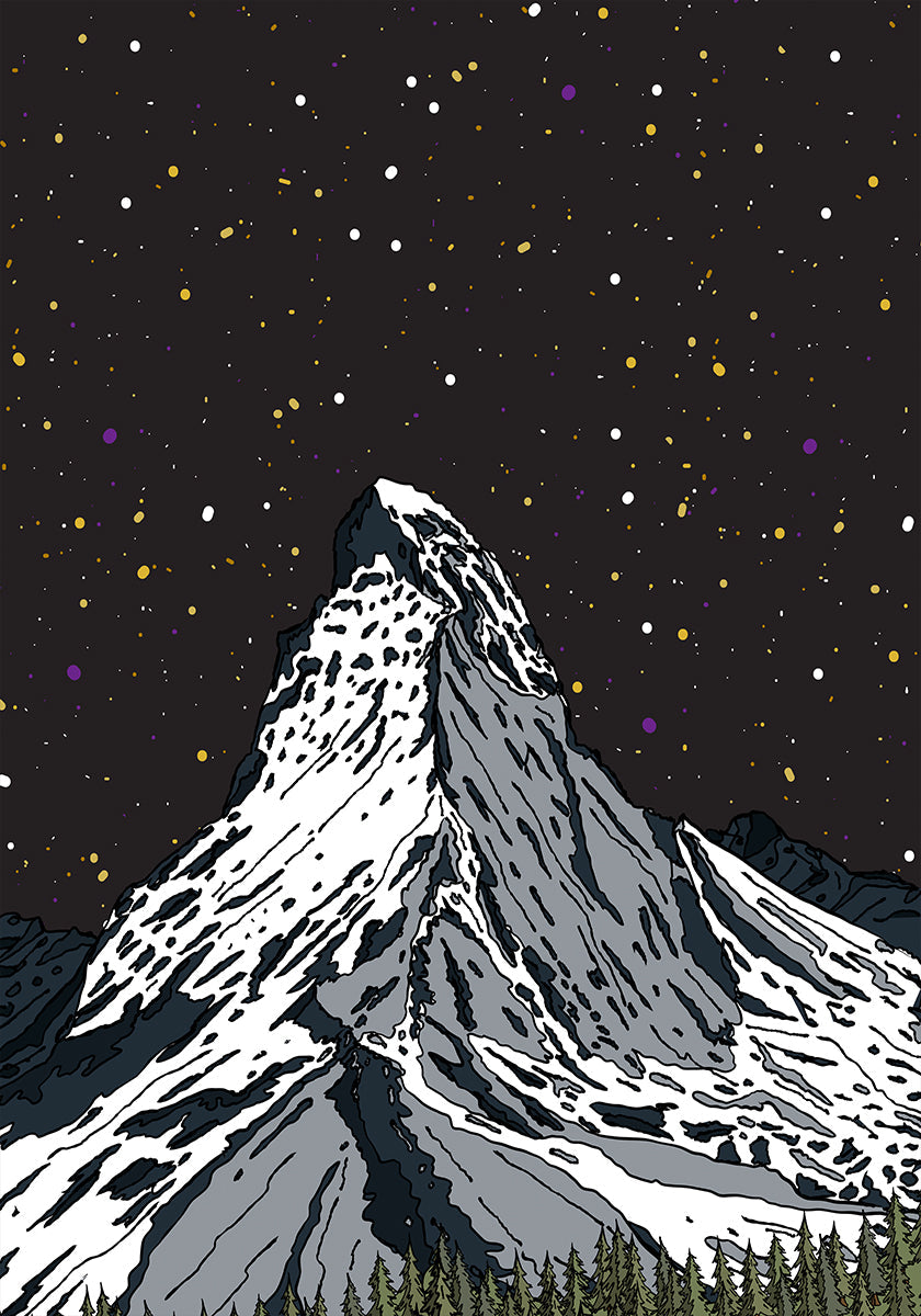 Snowy Mountain Under a Starry Night Sky Plakat - Posterbox