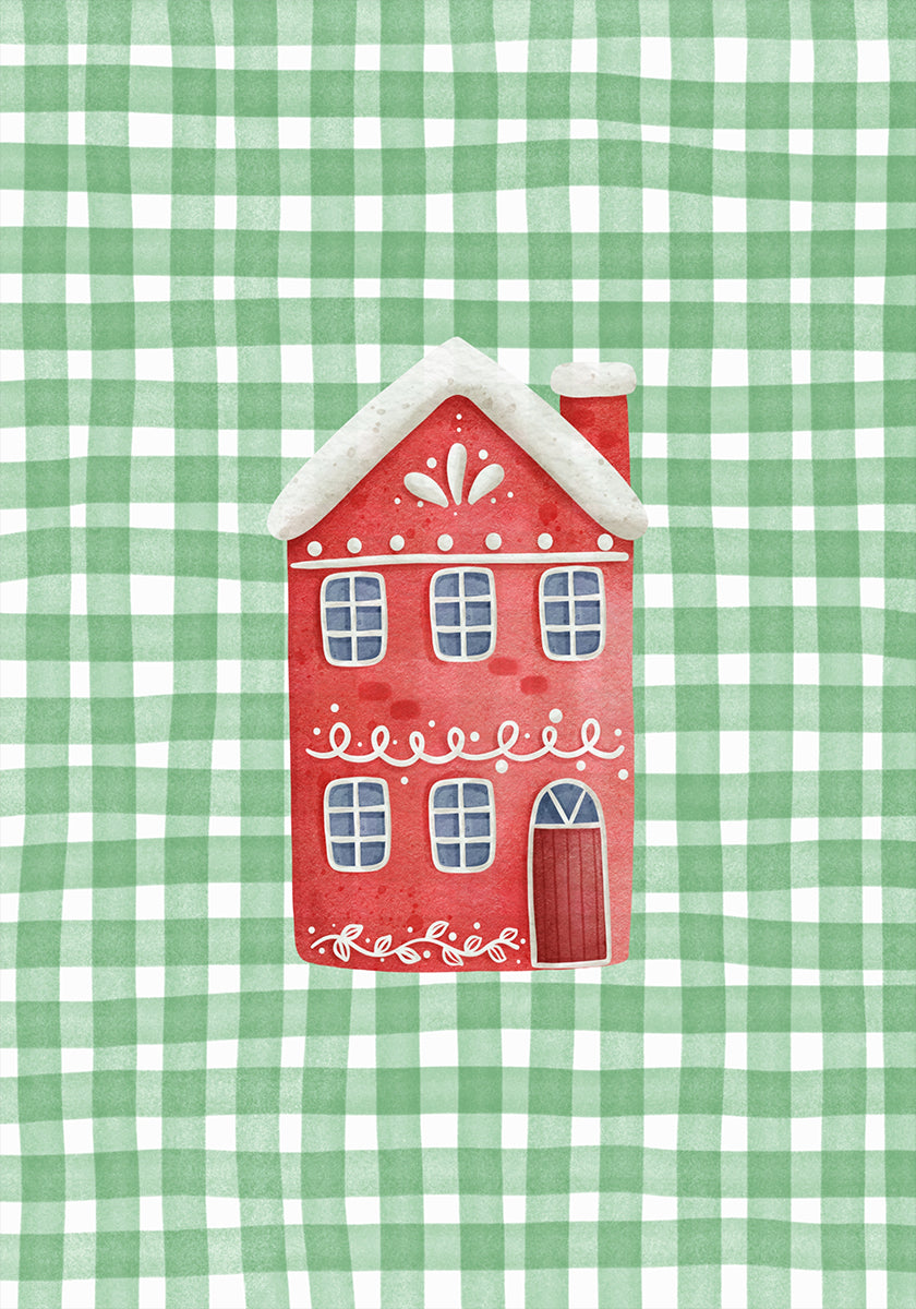 Cute Red Christmas House On Green Checks Plakat - Posterbox