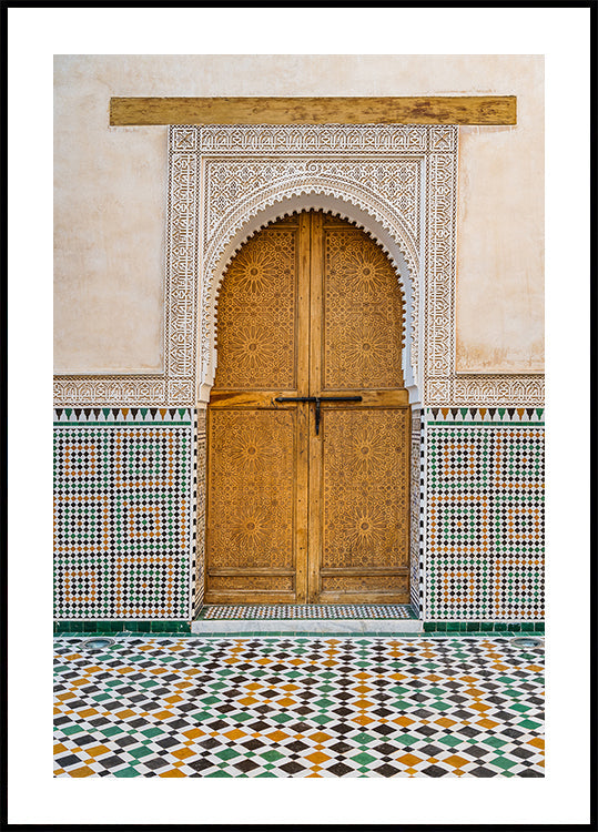 Decorated brown wooden door in Morocco (NEW) - Posterbox
