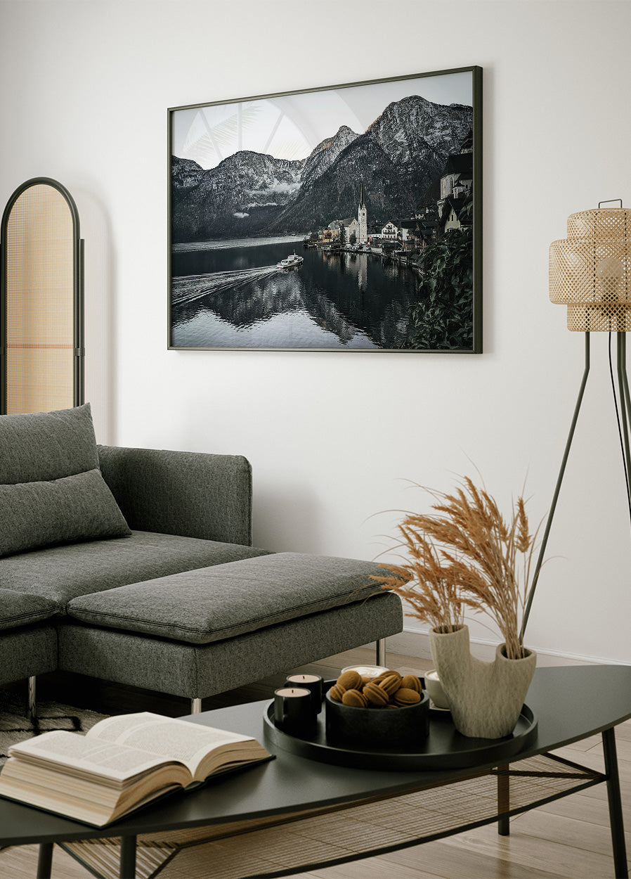Serene Mountain Village Reflection Poster - Posterbox.dk