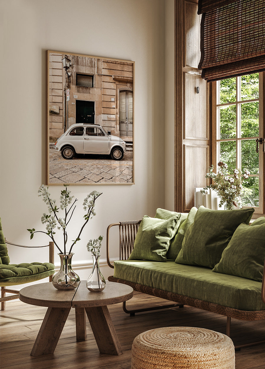 Ein kleines weißes Auto-Poster - Posterbox.dk