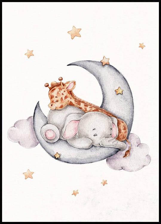 Poster „Baby Elefant und Giraffe schlafen auf der Wolke“ – Posterbox.dk