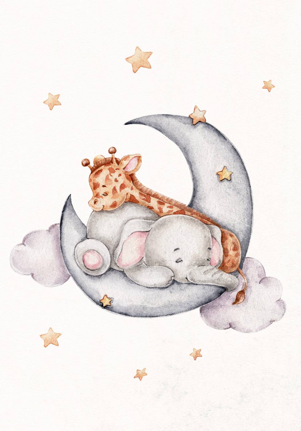 Poster „Baby Elefant und Giraffe schlafen auf der Wolke“ – Posterbox.dk