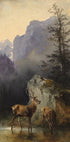 Hirsch und Tier An Der Tränke von Friedrich Gauermann Poster - Posterbox.dk