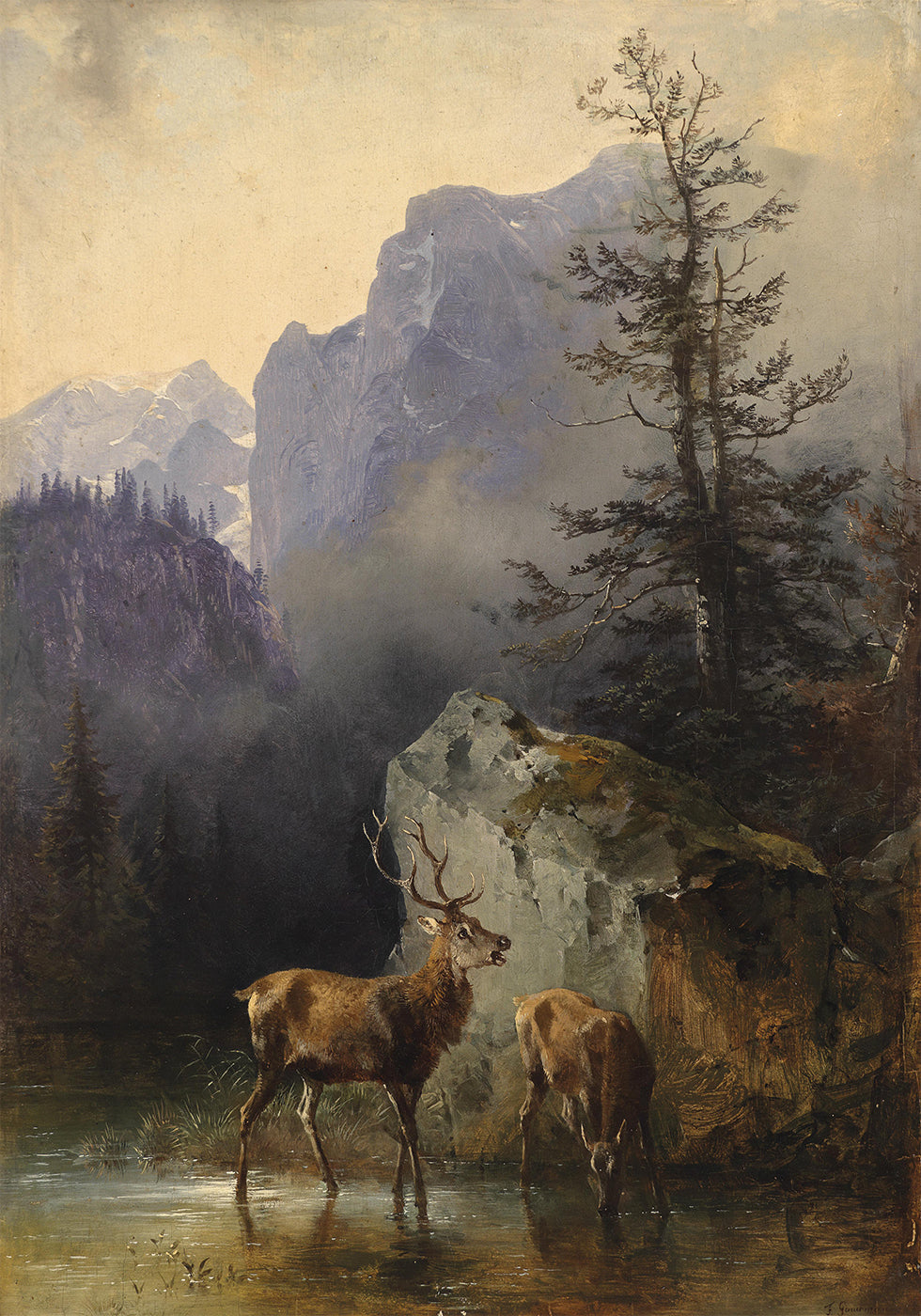 Hirsch und Tier An Der Tränke von Friedrich Gauermann Poster - Posterbox.dk