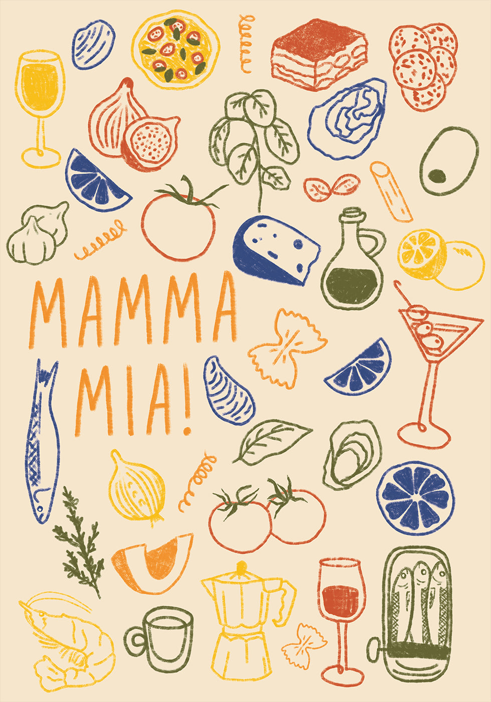 Mamma Mia!, Playful Italian Kitchen With Colorful Food Illustrations Plakat - Posterbox