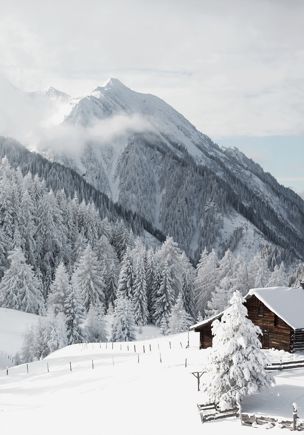 Verschneite Hütte in den Alpen Poster - Posterbox.dk