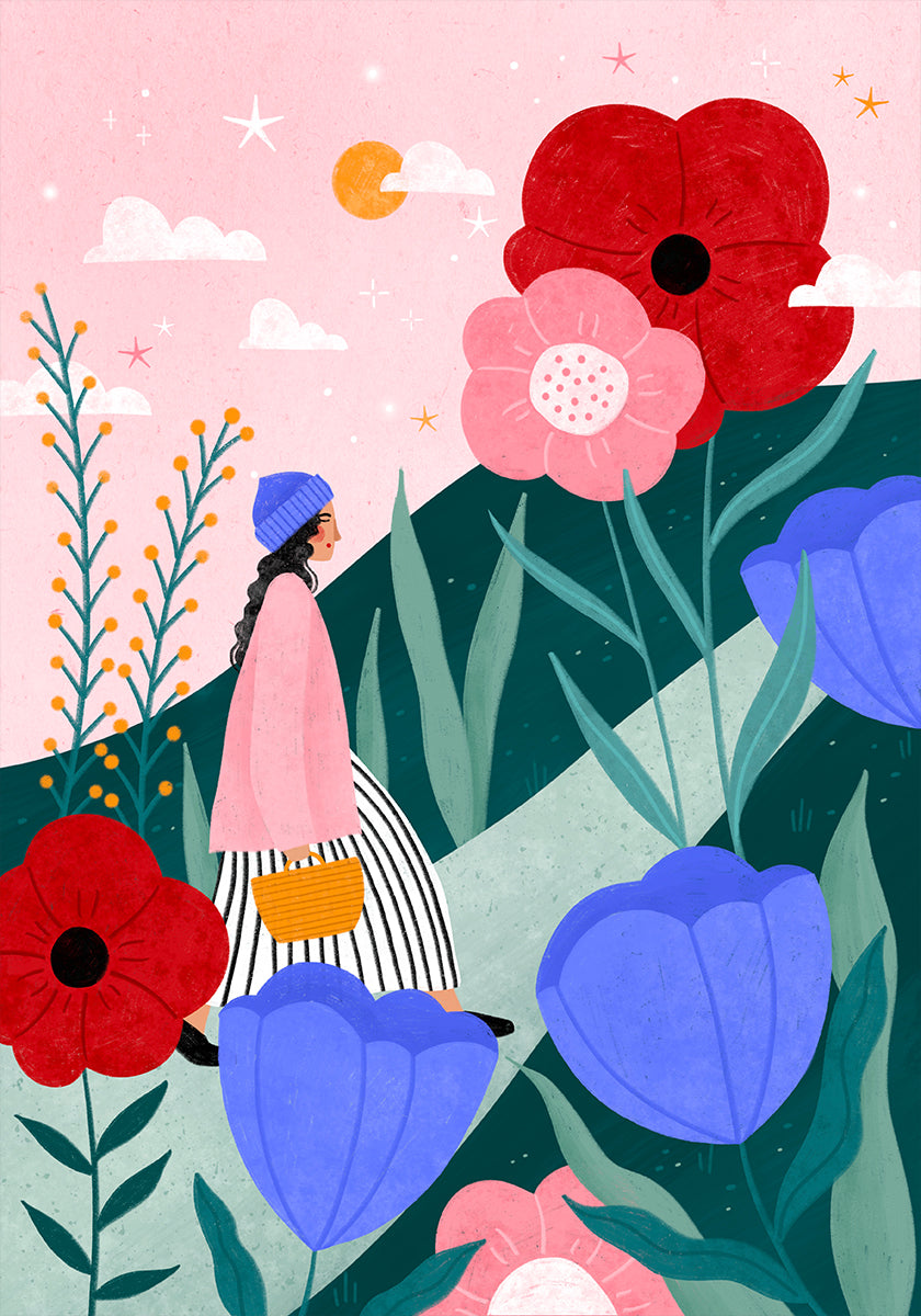 Woman Walking in Flower Garden Plakat - Posterbox