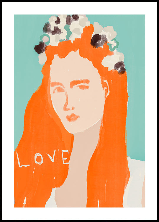 Woman with Orange Hair Adorned with Flowers Plakat - Posterbox