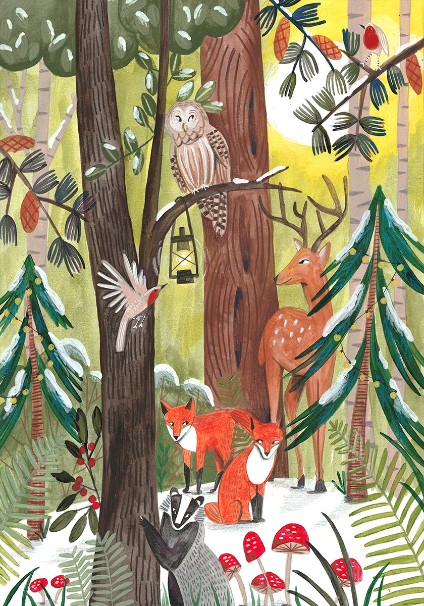 Green Christmas forest with animals Plakat - Posterbox
