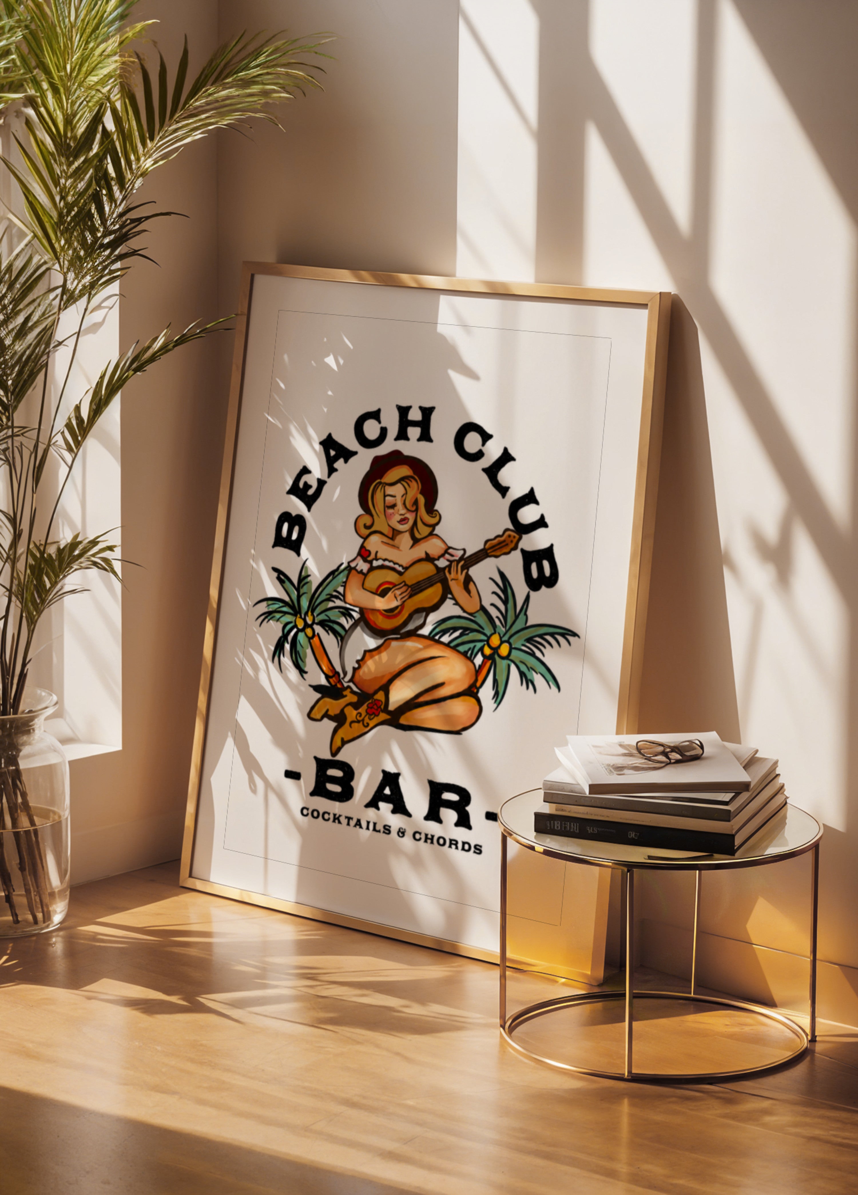 Beach-Club-Bar. Sailor Jerry Style Pin-up-Girl, das Gitarre spielt