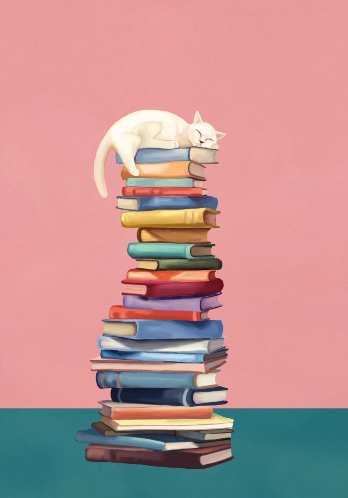 Gemütliche Katze auf bunten Büchern