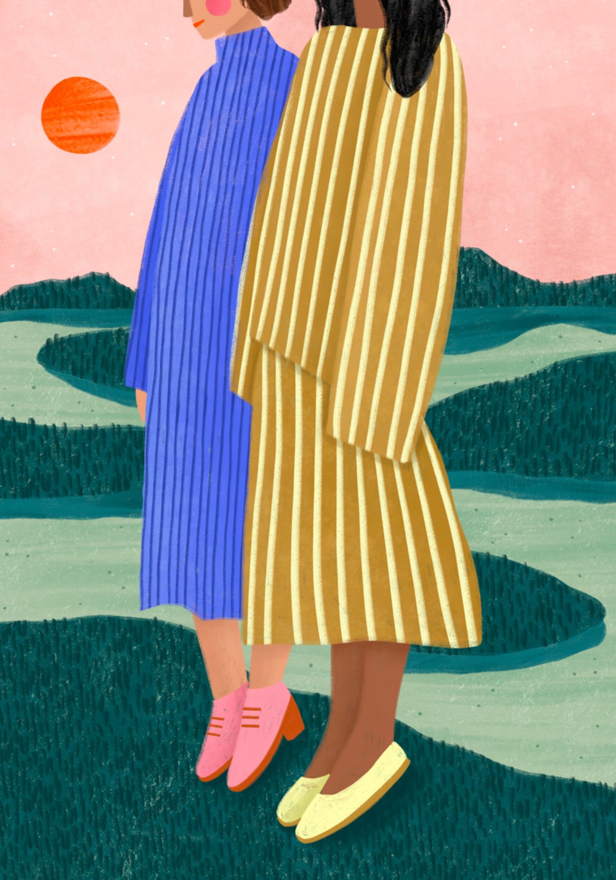 Frauen übersehen eine ruhige Landschaft