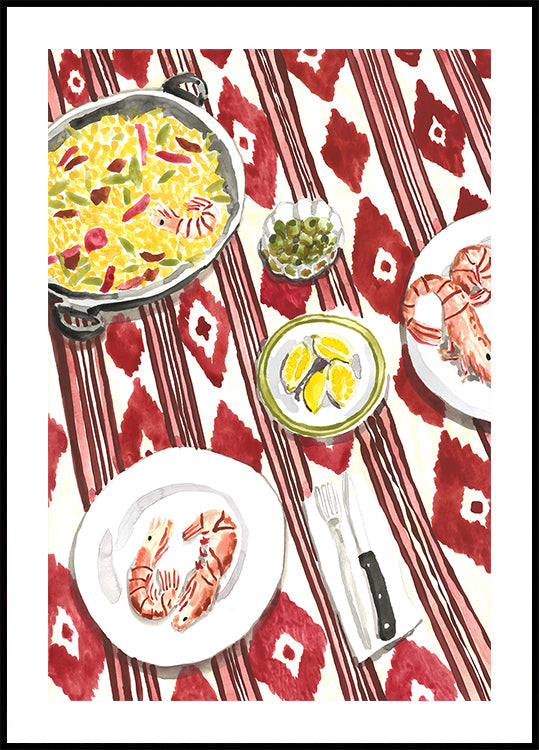 Eine lebendige und farbenfrohe Illustration eines Tisches, der mit verschiedenen Gerichten gedeckt ist, darunter eine große Schüssel Reis, ein Teller Garnelen und ein Teller Obst.