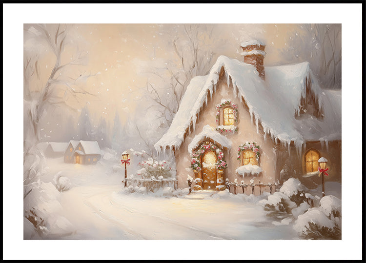 Snowy Cottage at Dusk Plakat - Posterbox