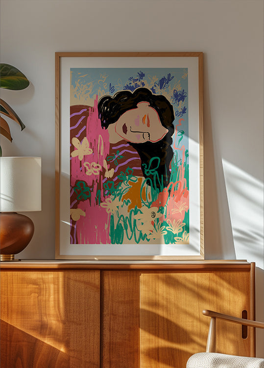 Expressive Figure Surrounded By Colorful Flowers Plakat - Posterbox