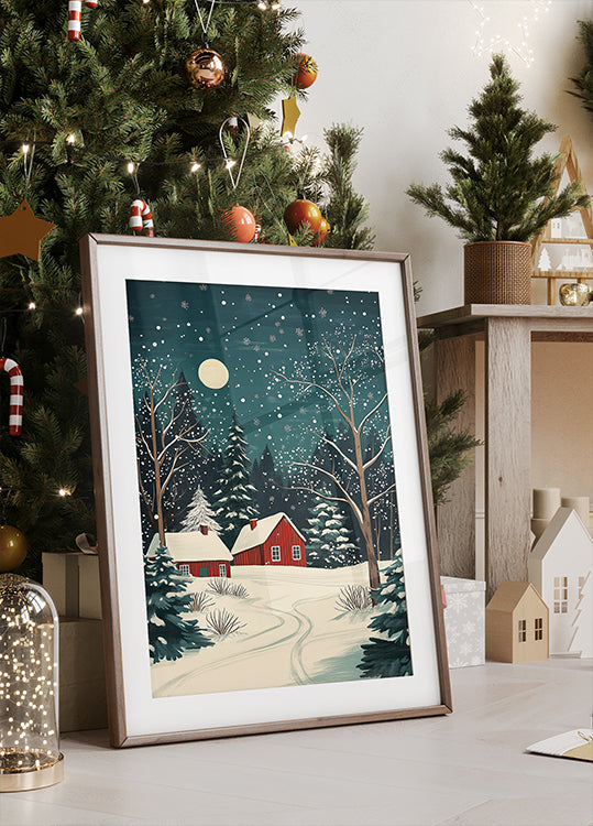 Red Houses and Snowy night sky Plakat - Posterbox