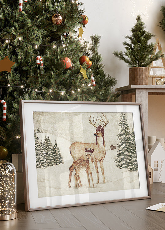 Deer Wearing Cozy Hats Plakat - Posterbox