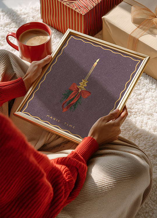 Candle with bow and spruce sprigs Plakat - Posterbox