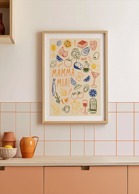 Mamma Mia!, Playful Italian Kitchen With Colorful Food Illustrations Plakat - Posterbox