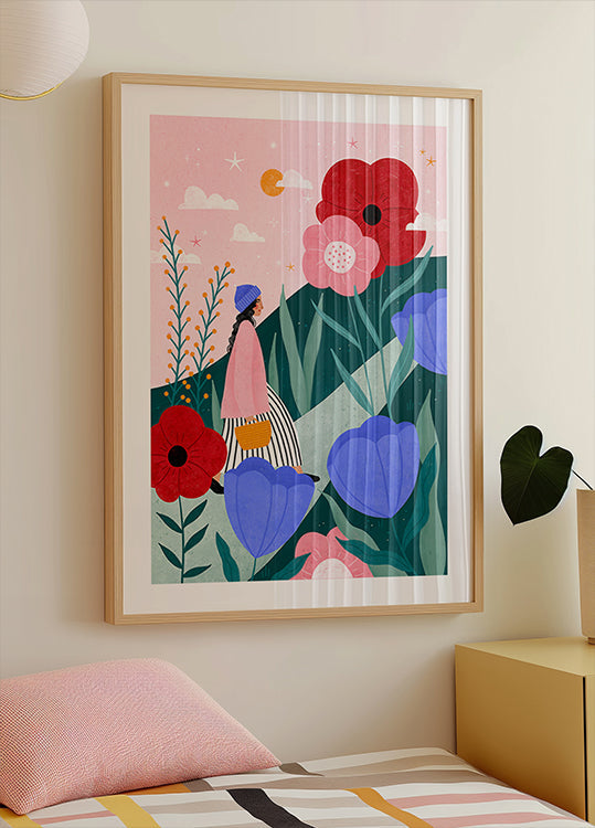 Woman Walking in Flower Garden Plakat - Posterbox