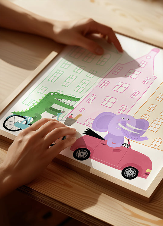 A Crocodile on a Bicycle and an Elephant in a Car Plakat - Posterbox