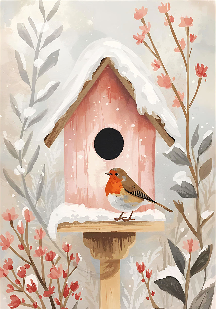 Vogelhaus mit Rotkehlchen und Pflanzen Plakat - Posterbox