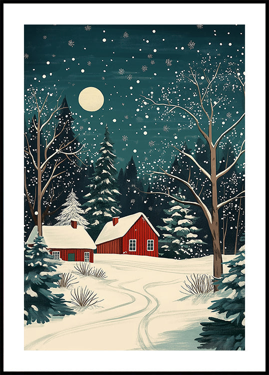 Red Houses and Snowy night sky Plakat - Posterbox