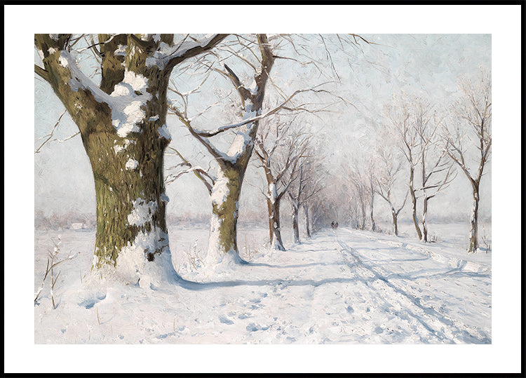 ein Gemälde einer verschneiten Straße mit Bäumen
