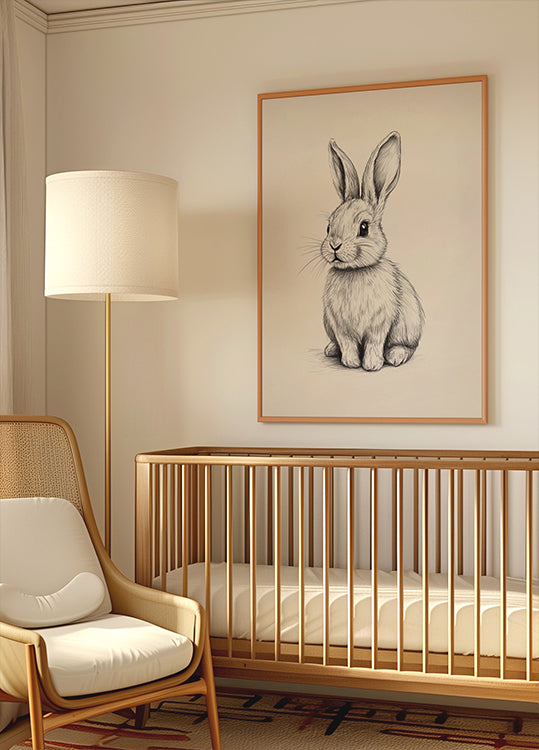 Baby-Häschen-Skizze, Schwarz-Weiß-Kaninchen-Zeichnungsposter - Posterbox.dk