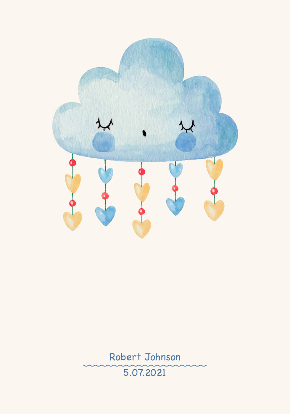 Blaue Aquarellwolke, personalisiertes Baby-Poster für Jungen – Posterbox.dk