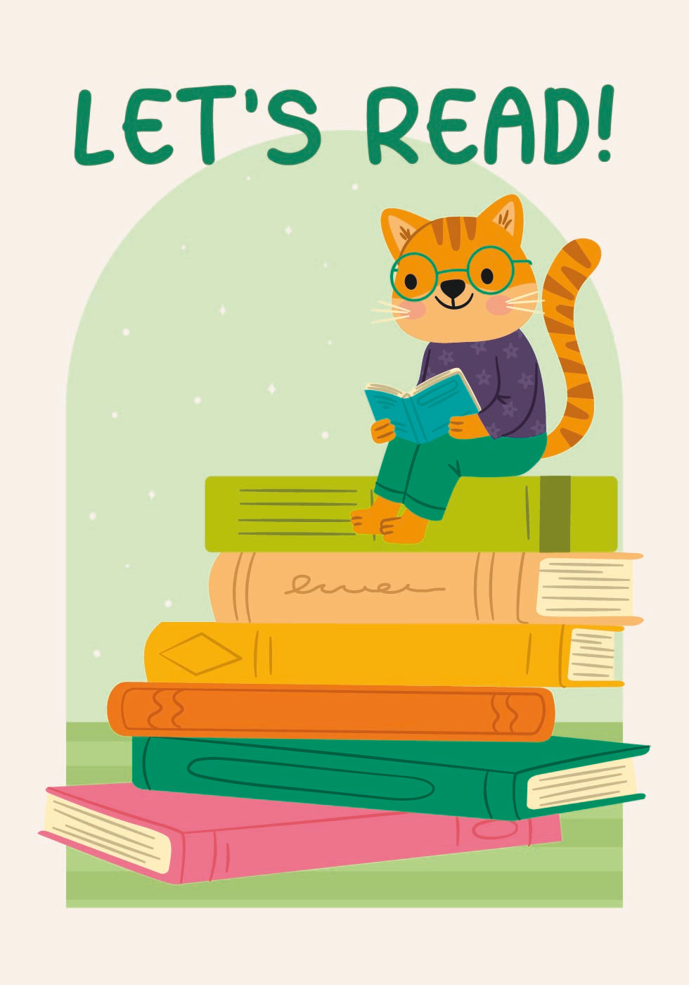 Katze liest auf Bücherstapel, Let's Read Poster - Posterbox.dk