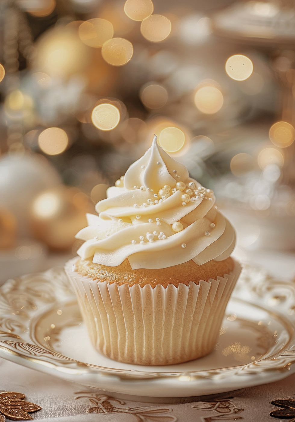 ein Cupcake auf einem Teller mit einem Weihnachtsbaum im Hintergrund