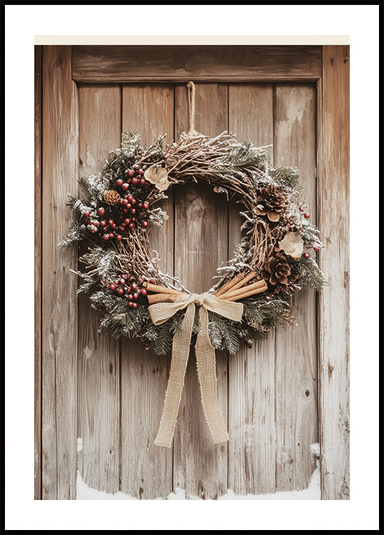 Weihnachtskranz auf einer Holztür Poster - Posterbox.dk