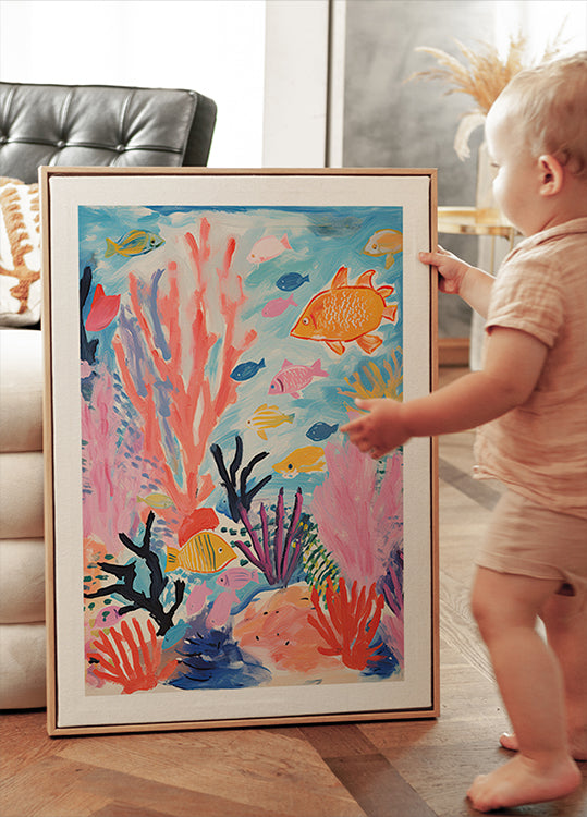 Buntes Korallenriff, tropische Fische und Meerespflanzen, Kinderposter - Posterbox.dk