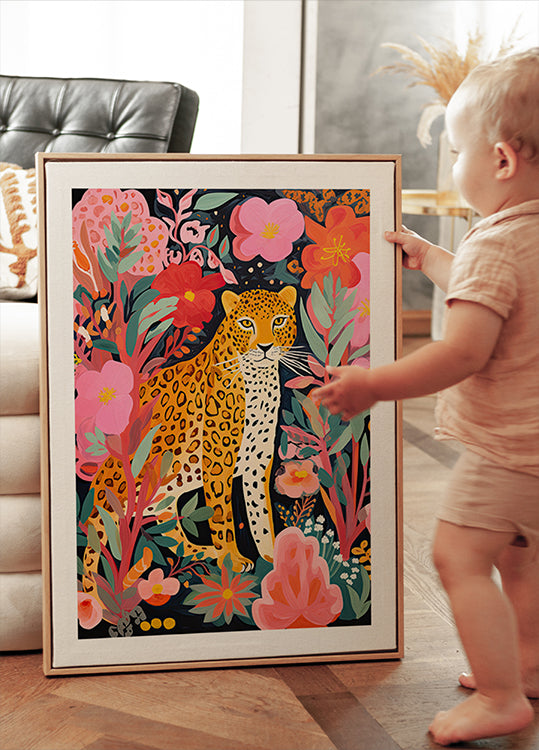 Buntes Leoparden- und Blumenposter - Posterbox.dk