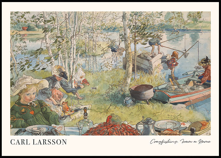 Krebsfischen, sommerliche Familienszene am Flussufer Poster - Posterbox.dk