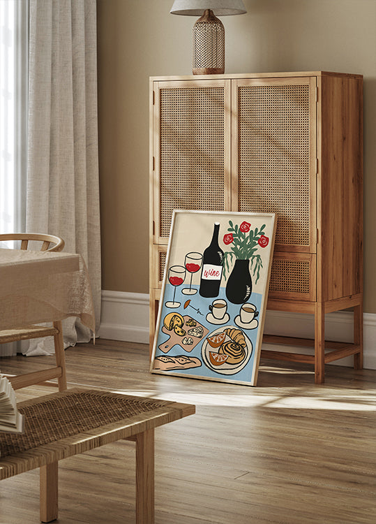 Poster für den Esstisch, französisches Wein- und Käsegedeck - Posterbox.dk