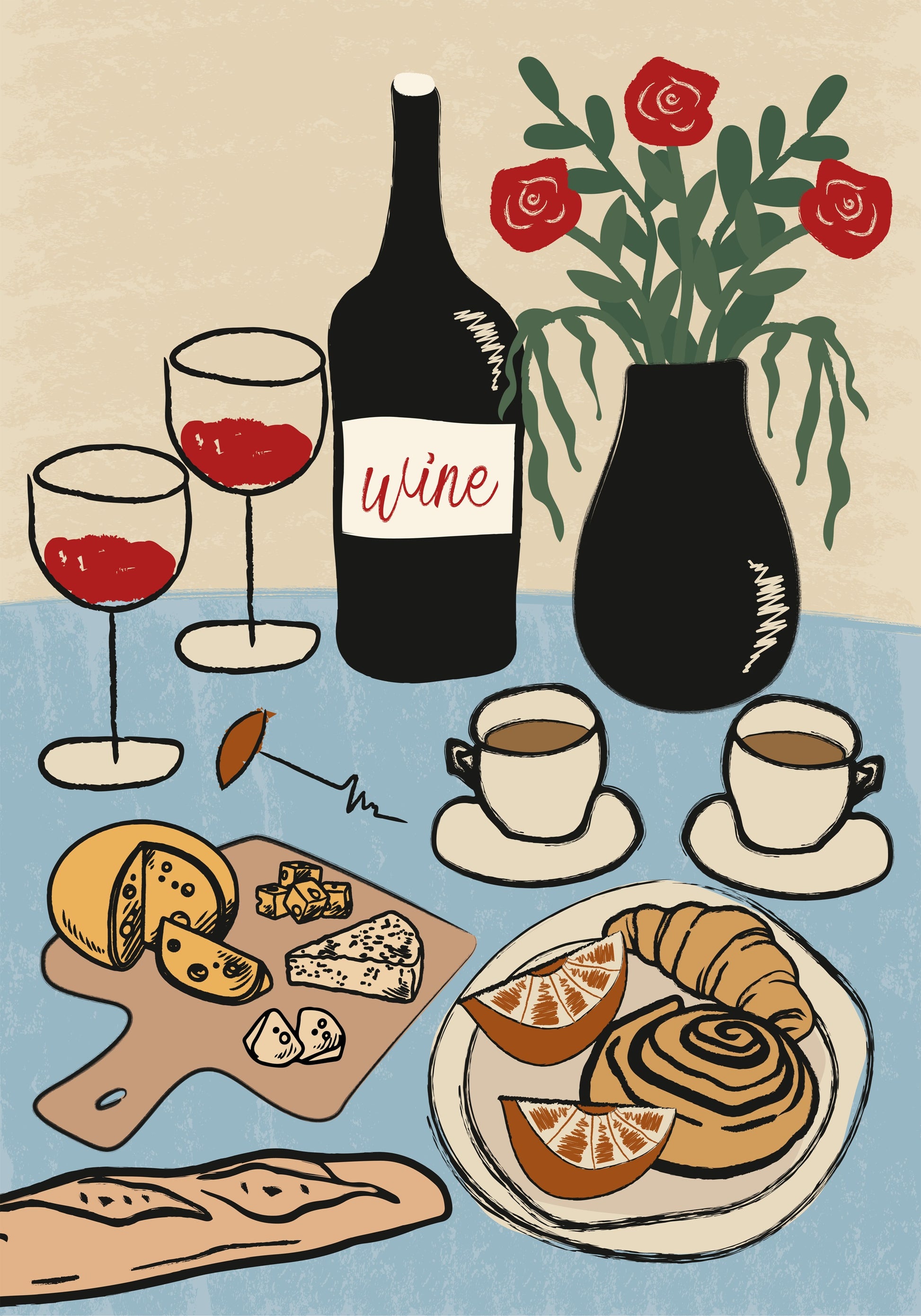 Poster für den Esstisch, französisches Wein- und Käsegedeck - Posterbox.dk