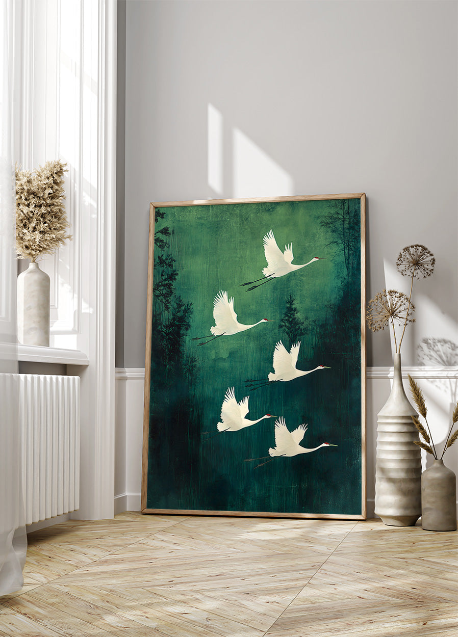 Elegantes Poster mit fliegenden Kranichen - Posterbox.dk