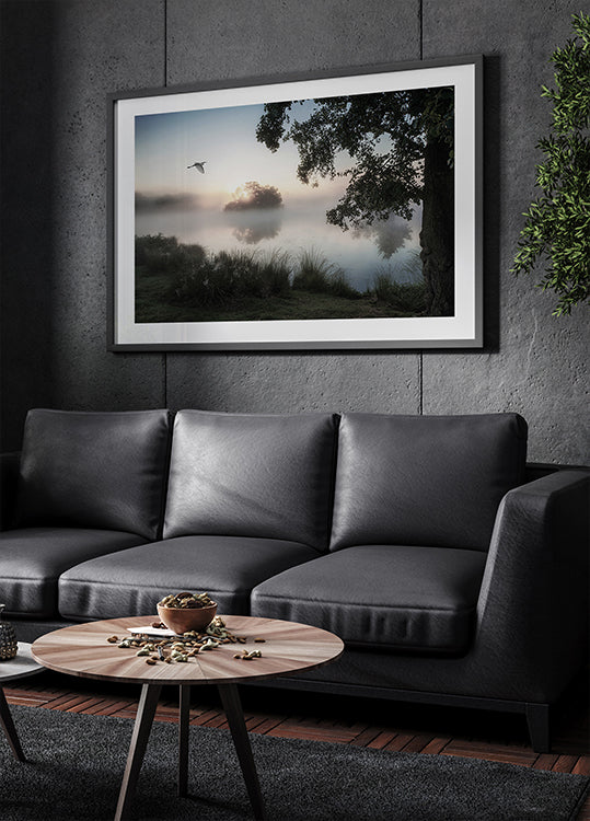 Reiher fliegt über einen nebligen See Poster - Posterbox.dk